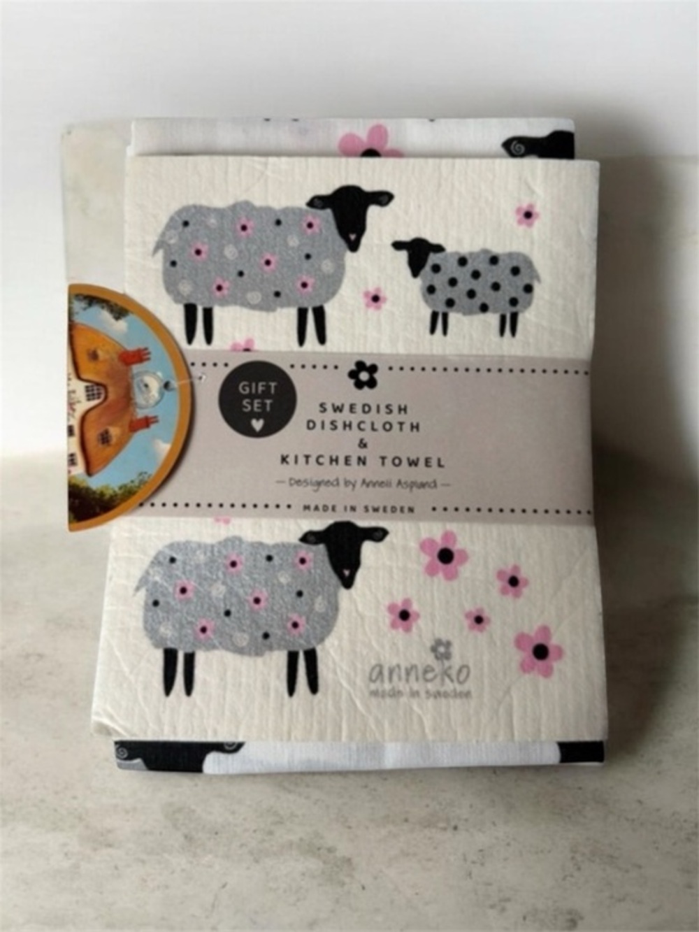 Grey Sheep Dishcloth & Kitchen Towel Set - Grey & Pink